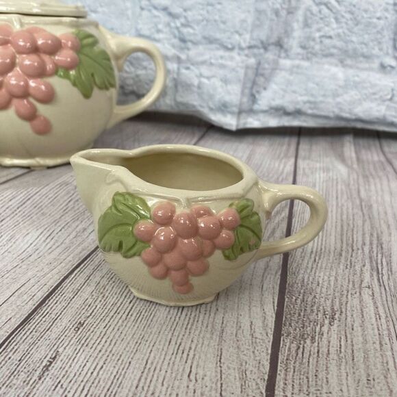 Teapot set w/leaves & grapes teapot sugar & creamer bowl ivory & pink - Picture 2 of 11